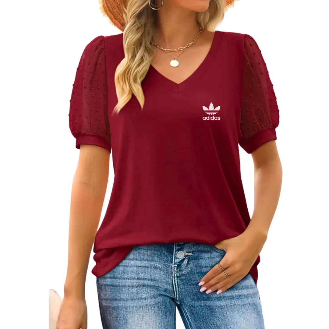 AD - Chic V-Neck T-Shirt with Puffed Sleeves