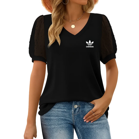 AD - Chic V-Neck T-Shirt with Puffed Sleeves